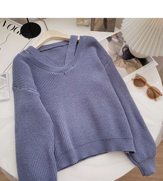 Design sense personalized V-neck hollowed out long sleeve thin loose top  6054