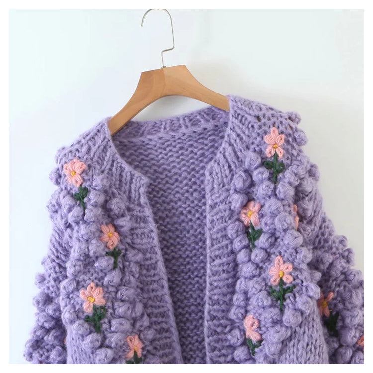 Cardigan à manches lanternes tissé à crochets à fleurs tridimensionnelles, manteau pull 7320