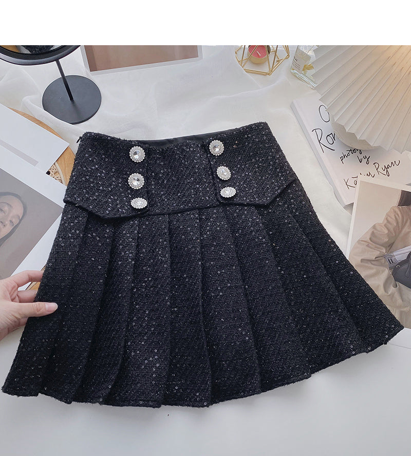 Retro small fragrance diamond studded high waist Sequin A-shaped skirt  5598