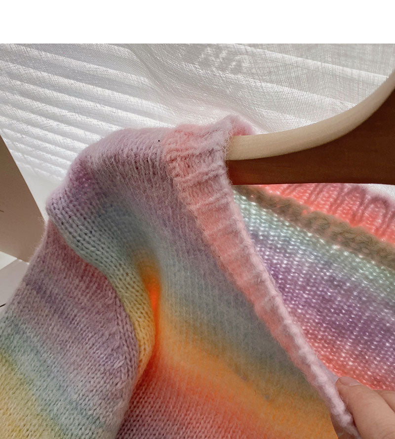 Korean ins sweet foreign style aging rainbow tie dyed loose top  5926