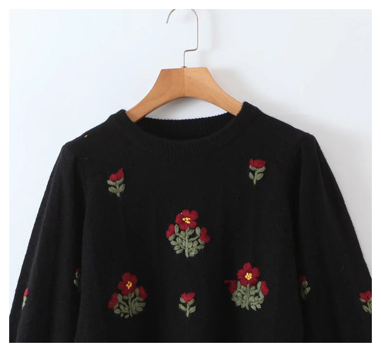 Lazy wind retro Flower Embroidered round neck Pullover Sweater  7328