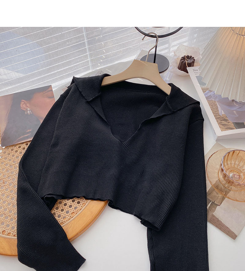 Navy collar temperament solid color sweater women  6133