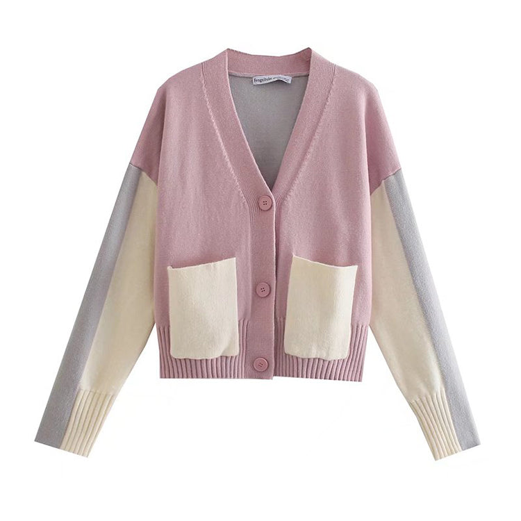 V-neck contrast color design knitted cardigan loose lazy coat sweater  7418