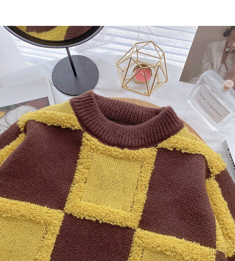 Vintage Plaid contrast flocked sweater female  5993