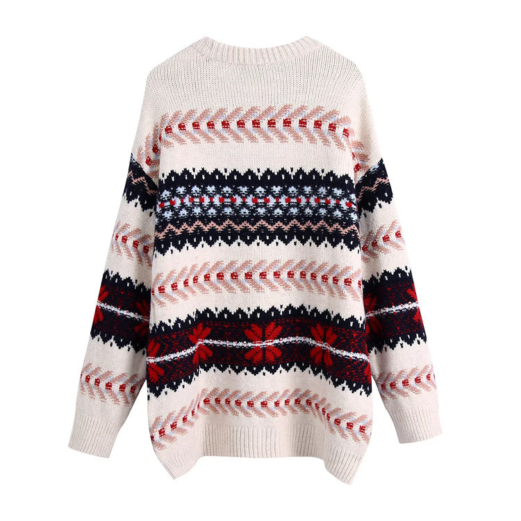 Pull vintage en maille jacquard lâche et décontractée 7490