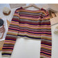 Bunt gestreifter Pullover süßes kurzes Top mit V-Ausschnitt und hoher Taille 6521
