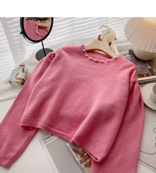 Loser Pullover mit Rundhalsausschnitt und Nagelperlen im Vintage-Design 6579