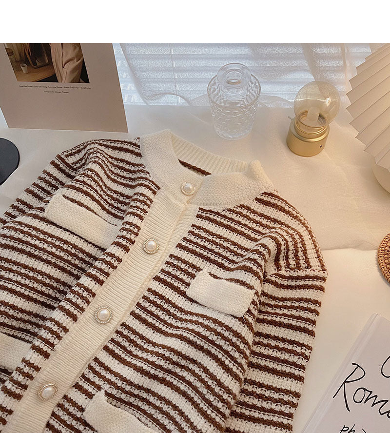 Design sense Vintage pearl button stripe long sleeve slim loose top  5873