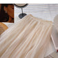 Mesh pleated draped high waist A-shaped medium length skirt  5789
