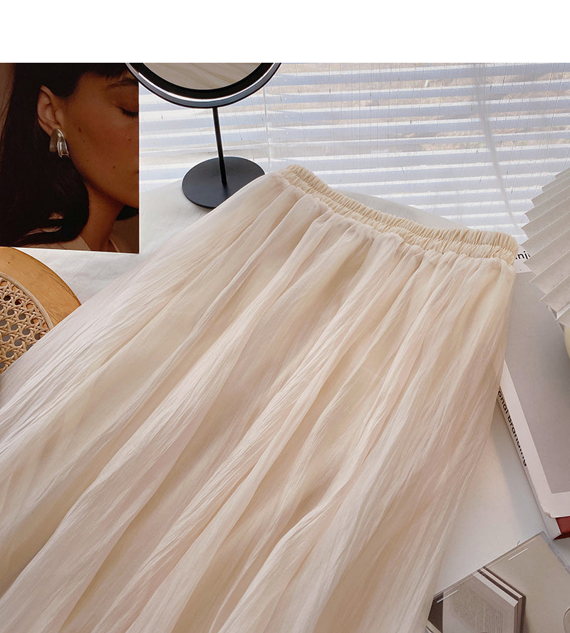 Mesh pleated draped high waist A-shaped medium length skirt  5789