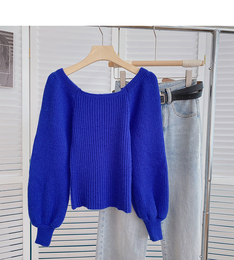 Vintage Lantern Sleeve square neck sweater looks thin and fashionable  6162