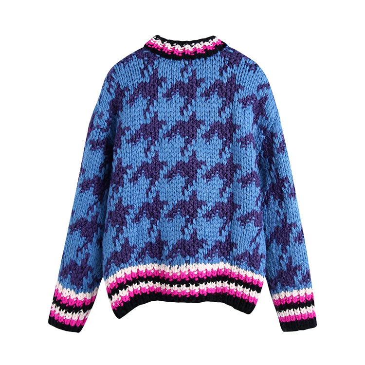 Thousand bird check contrast stripe jacquard sweater  7476
