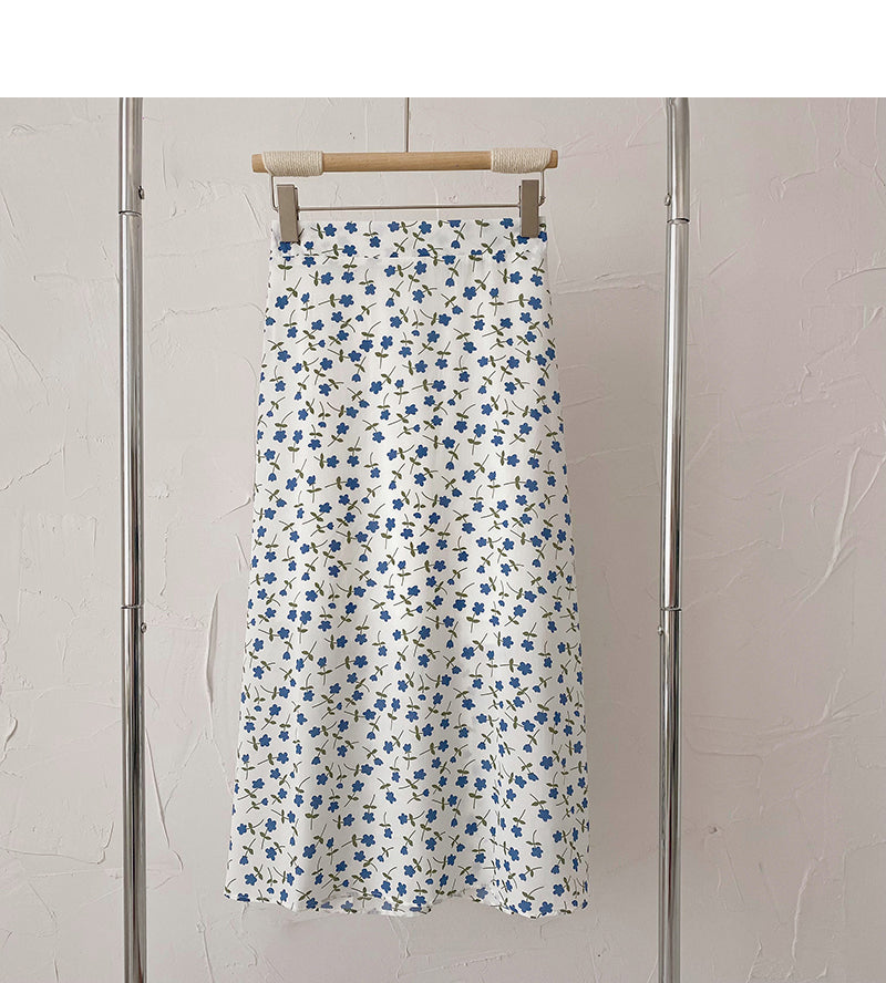 Sweet broken flowers show thin high waist A-shaped medium length skirt  5823