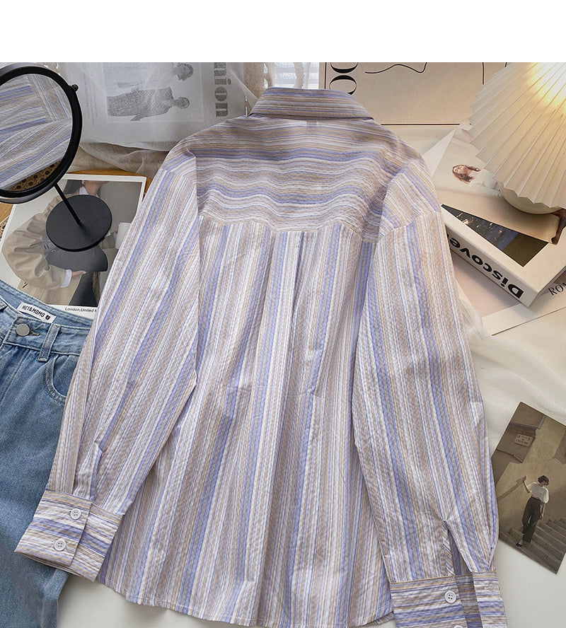 Lazy wind Stripe Shirt loose long sleeve cardigan top  6424