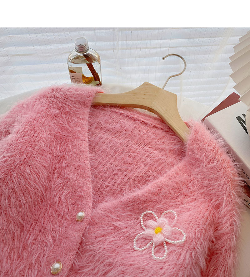 Pull en mohair avec petites fleurs et perles cloutées, cardigan 6093