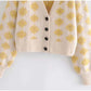 Cardigan tricoté taille haute à manches longues et col en V en jacquard diamant vieilli pour fille 7157