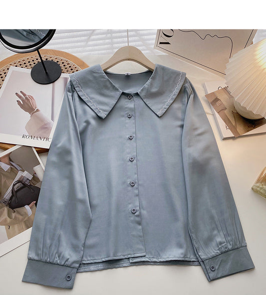 Chemise à col bébé de couleur unie à manches longues et haut à boutonnage simple 6422