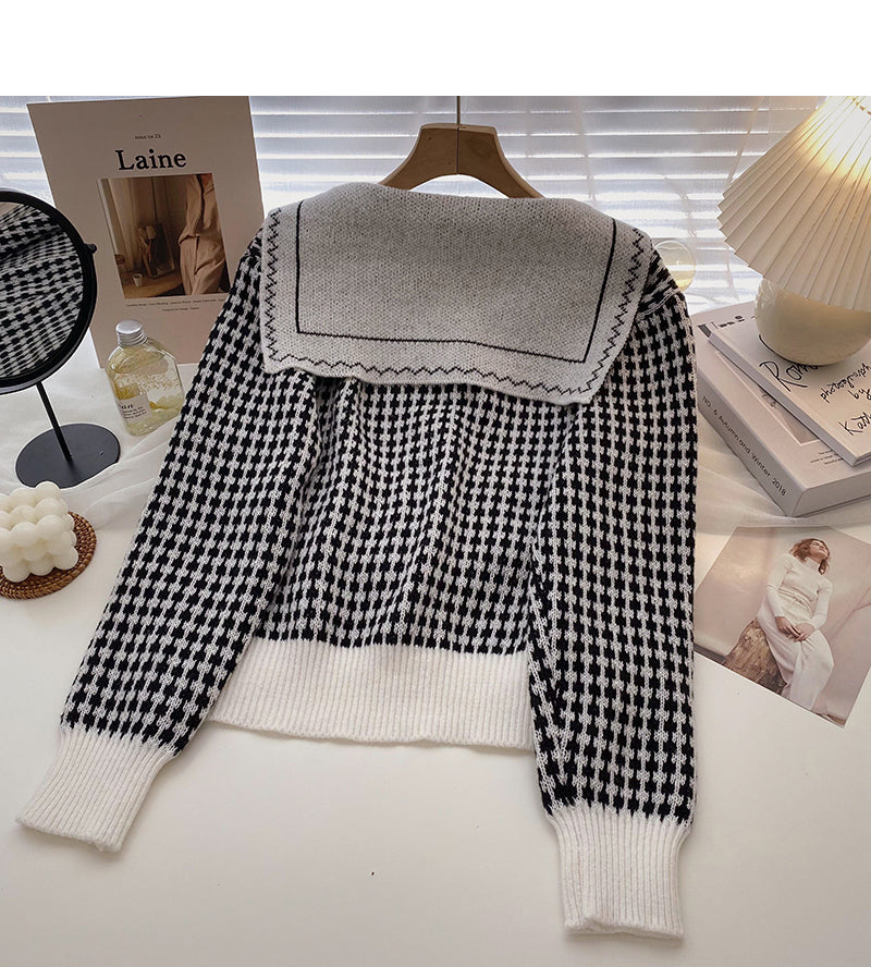 Plaid Navy neck Vintage knit cardigan  5924