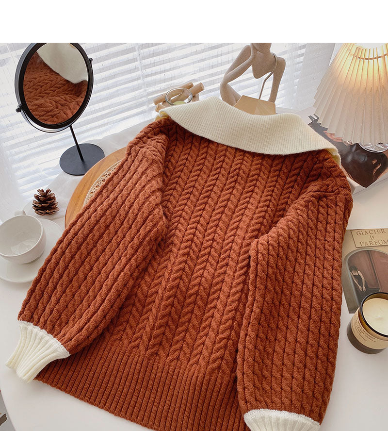Loose and lazy wind twist sweater color contrast Lapel top  6095
