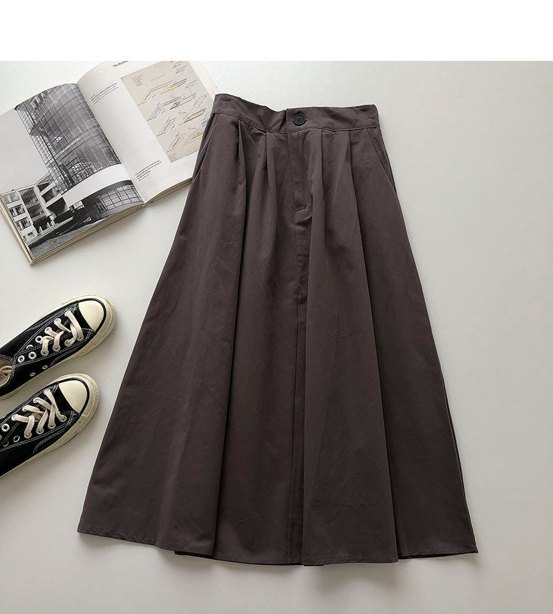 Solid Hong Kong style leisure high waist A-shaped medium and long skirt  5693