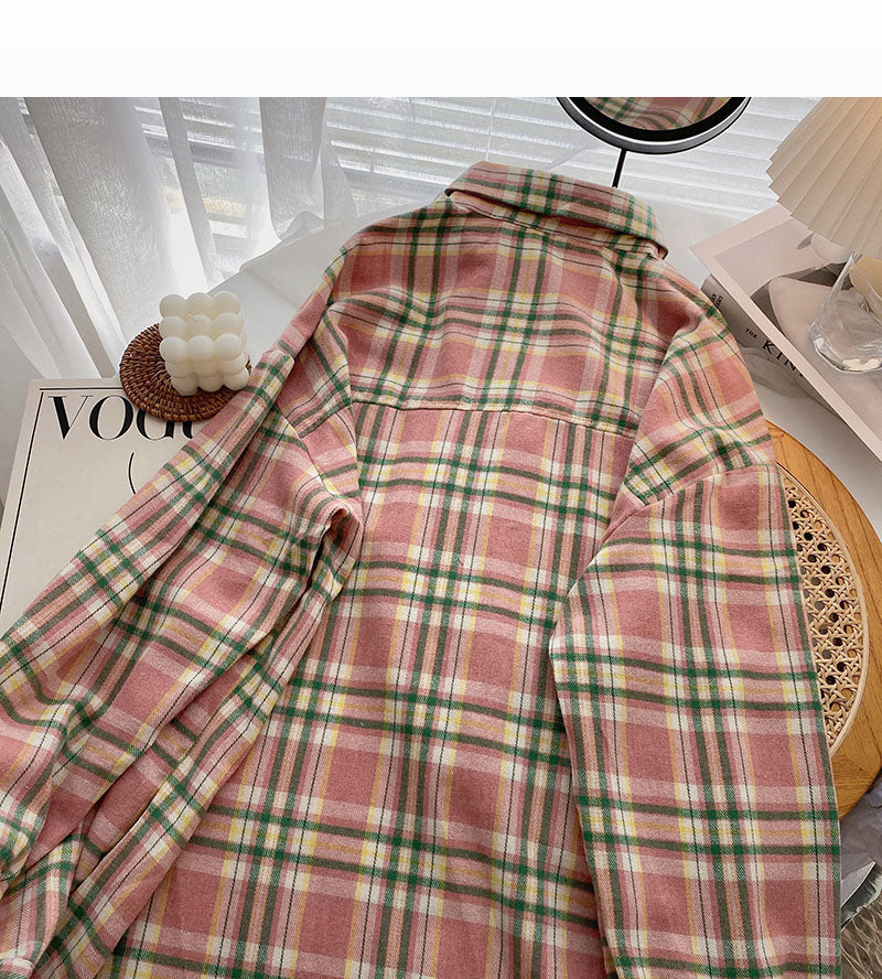 Slouchy Vintage Plaid Shirt Long Sleeve Top  6298