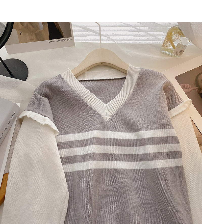 Striped V-neck color blocking long sleeve T-shirt  6488