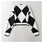 Vintage diamond plaid sweater with exposed navel and waistband  7193