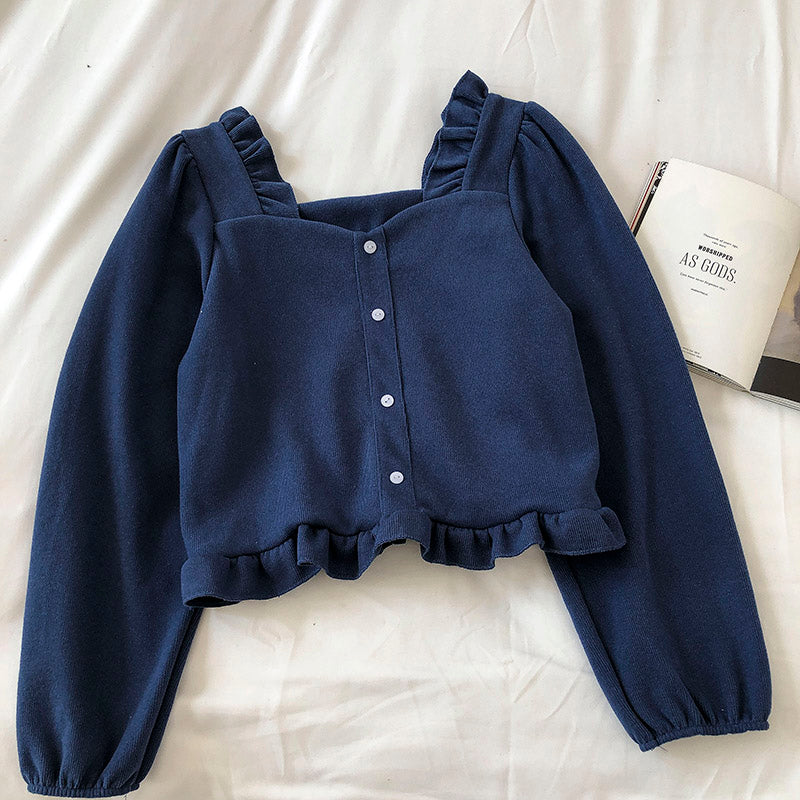 Corduroy Ruffle square collar collarbone short shirt  6246