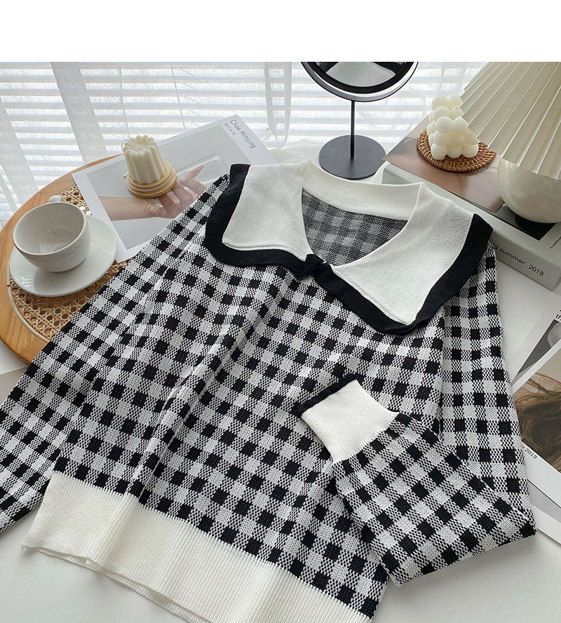 Alternder süßer kontrastkarierter Puppenkragen-Pullover Top 6678