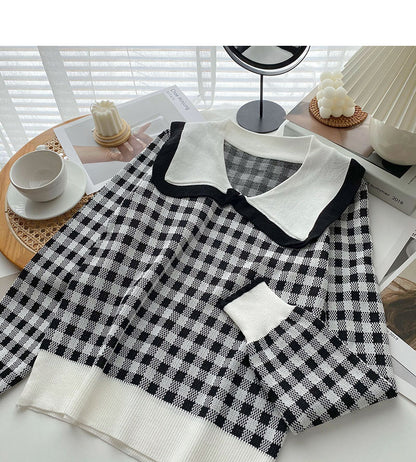 Alternder süßer kontrastkarierter Puppenkragen-Pullover Top 6678