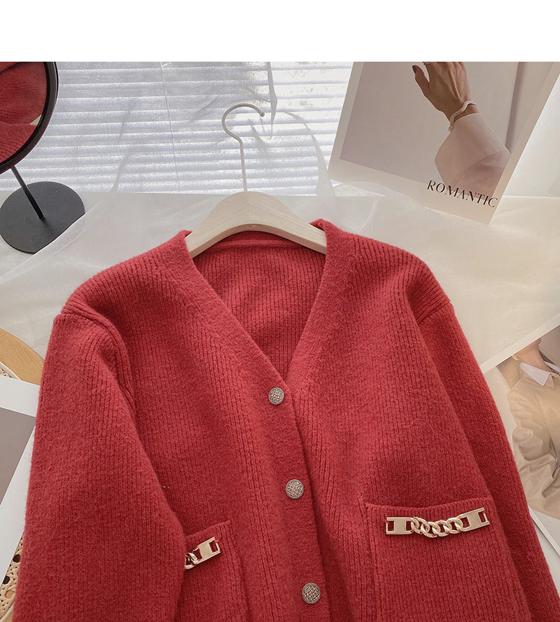 Korean small pocket chain design personalized fashionable V-neck top  6154