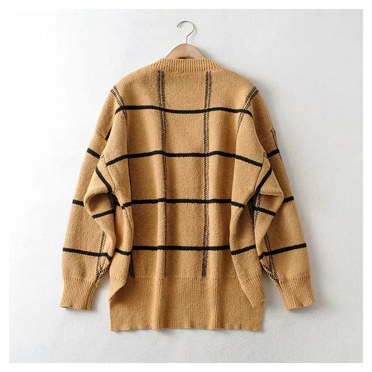 New lazy V-neck contrast Plaid knit cardigan coat  7305