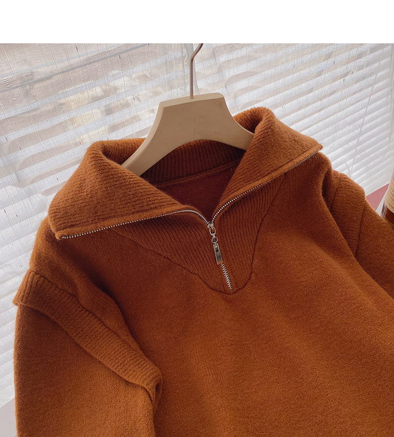 Lazy niche design Half Zip Lapel long sleeve loose top  6116