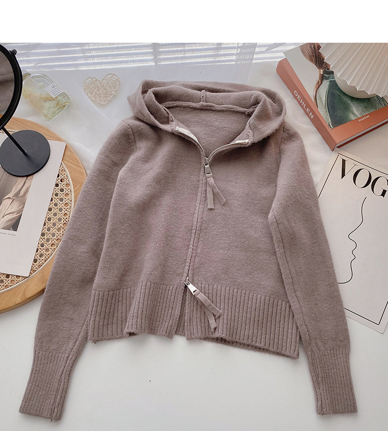 Cardigan knit Hooded Jacket versatile long sleeve top  6522