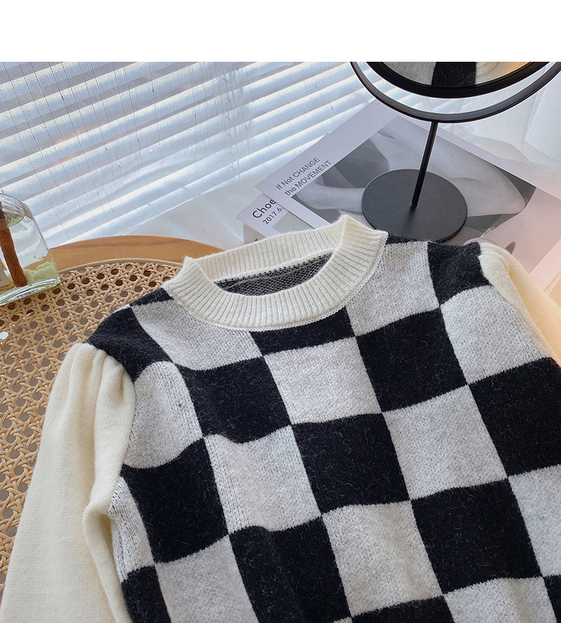 Hong Kong style retro chessboard plaid sweater  5925