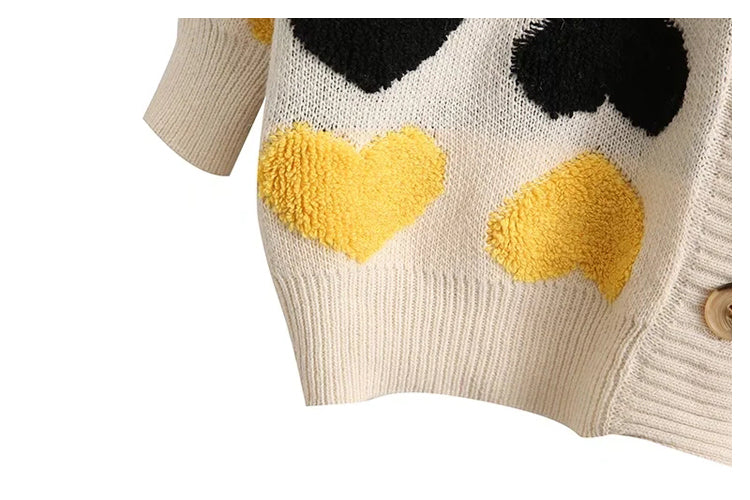V-neck single breasted love jacquard loose knit cardigan coat  7371