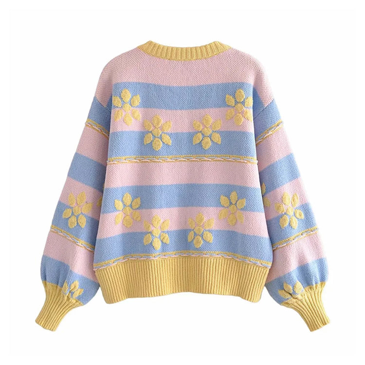 Sweet flower printed jacquard knitted coat cardigan  7302
