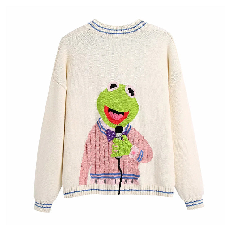 V-neck loose embroidered sweater cardigan jacket  7262