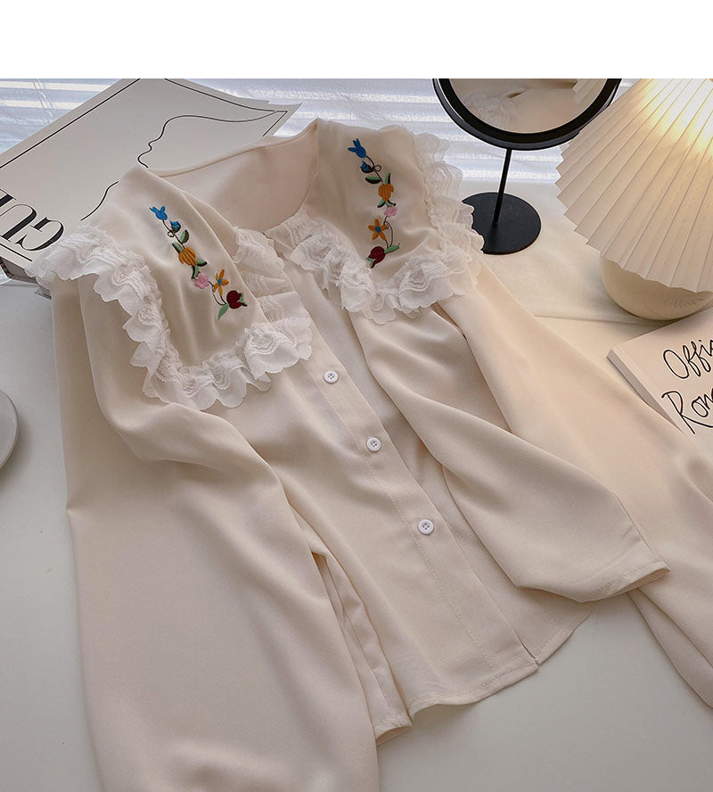 Korean girls' sense of foreign style lace doll neck top  6265