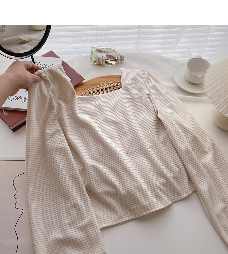 Small minority design Vintage pearl button square collar thin blouse  6306