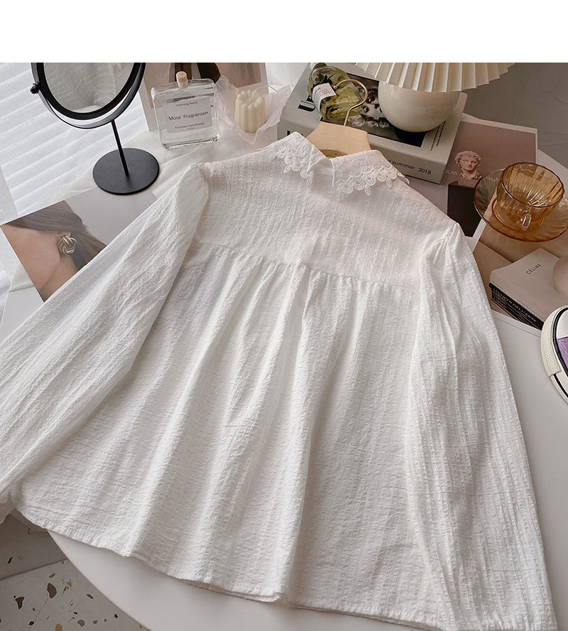 Cut out lace Lapel foreign style long sleeve top  6370