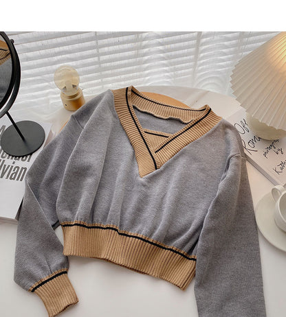 Langarm-T-Shirt Retro-Kontrast V-Ausschnitt kurzes Temperament Top 6551