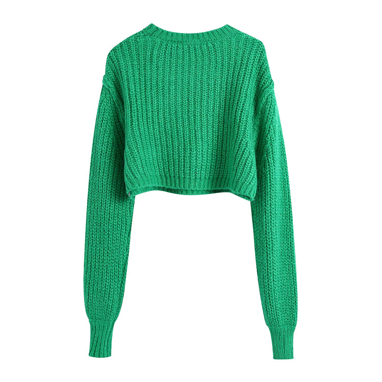 New Vintage crew neck puffy sleeve short sweater  7323