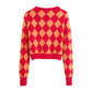 Fashion aging diamond check color blocking knitted short sweater  7521