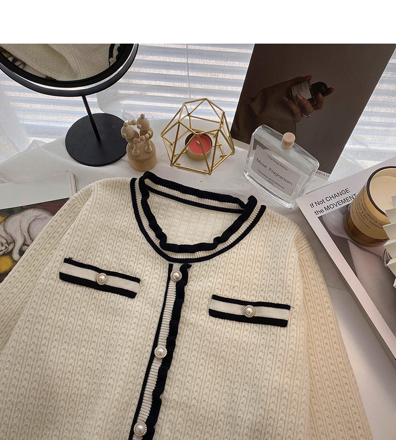 Xiaoxiangfeng color matching round neck sweater cardigan female  6011