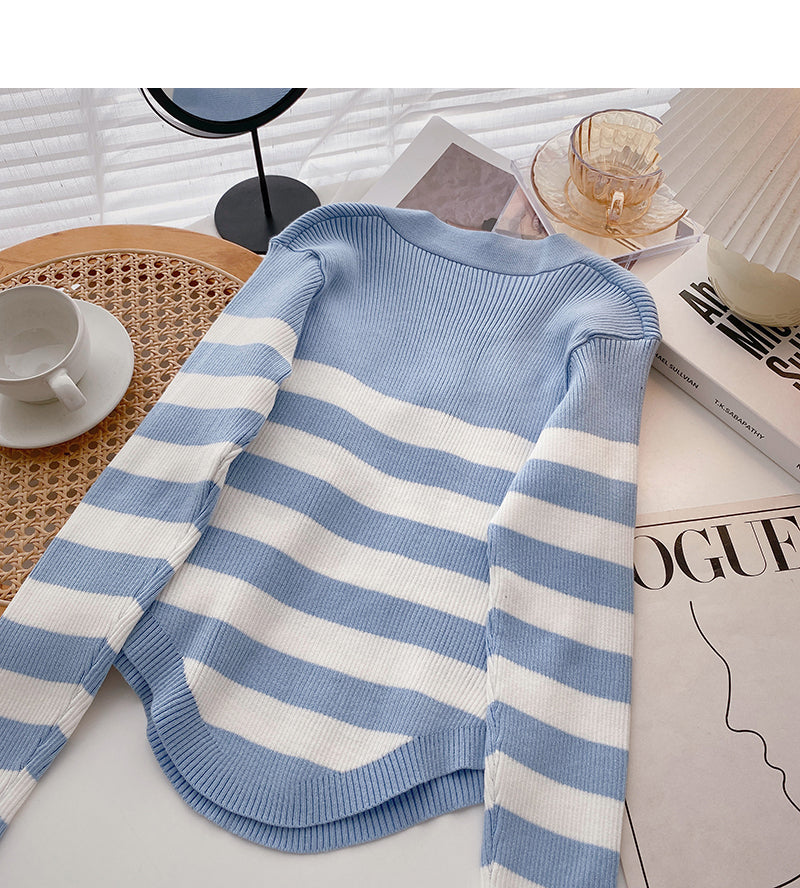 Striped square neck T-shirt thin long sleeve top  6489
