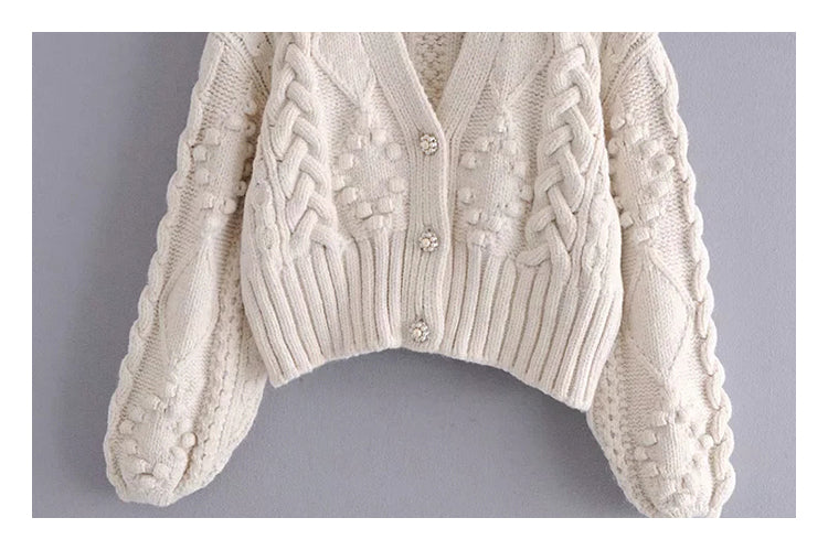 Cardigan en tricot torsadé rétro français Pull à col en V et manches lanternes 7173