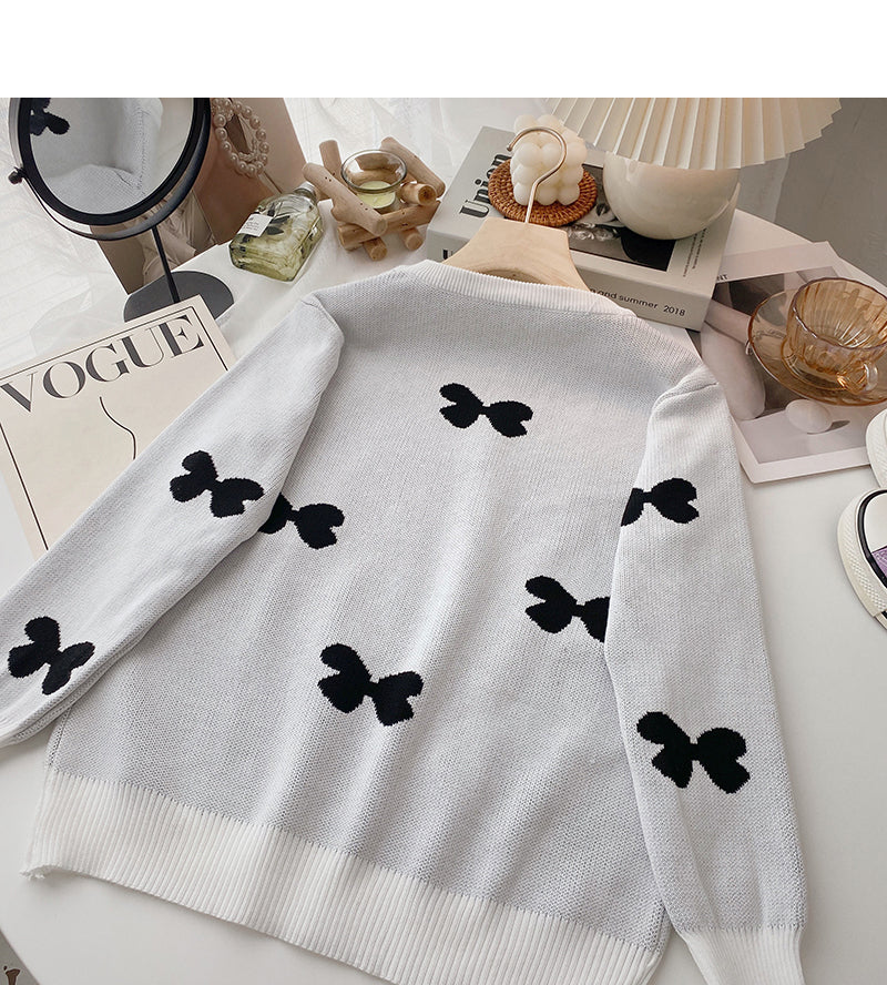 Schmetterlings-Jacquard-Langarmpullover mit Rundhalsausschnitt Pullover Top 6686