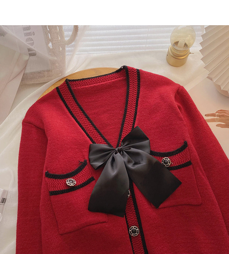 Bow V-neck Vintage sweater cardigan long sleeve top  6199