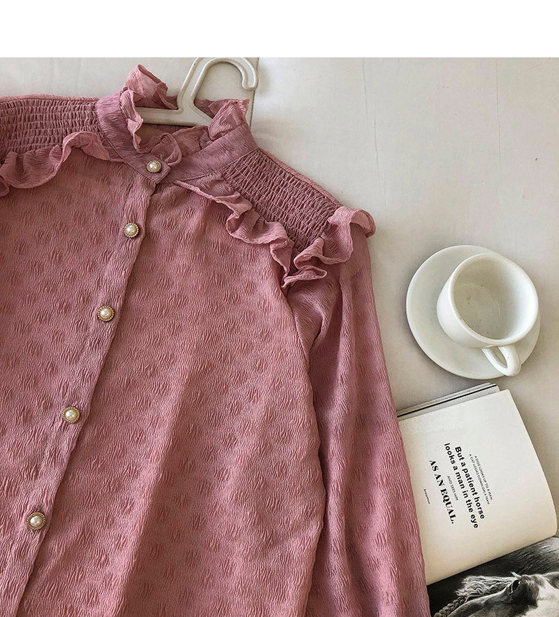 Round neck single breasted chiffon blouse with fungus edge  6258